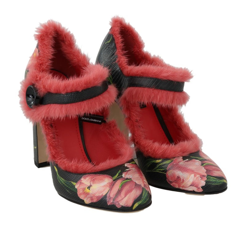 Black Leather Tulip Pink Mink Fur Shoes