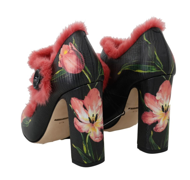 Black Leather Tulip Pink Mink Fur Shoes