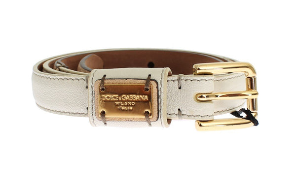 White Leather Gold Buckle Logo Waist Belt