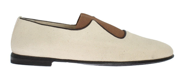 Beige Brown Canvas Slip-on Loafers