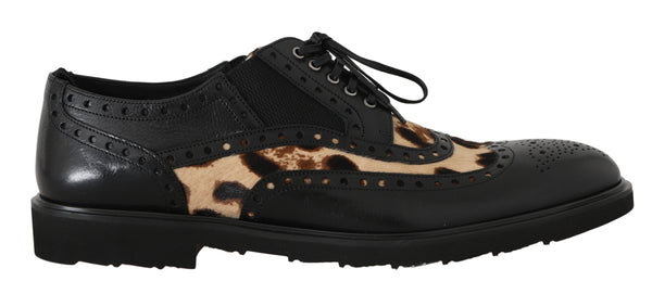 Black Leather Derby Wingtip Leopard Shoes