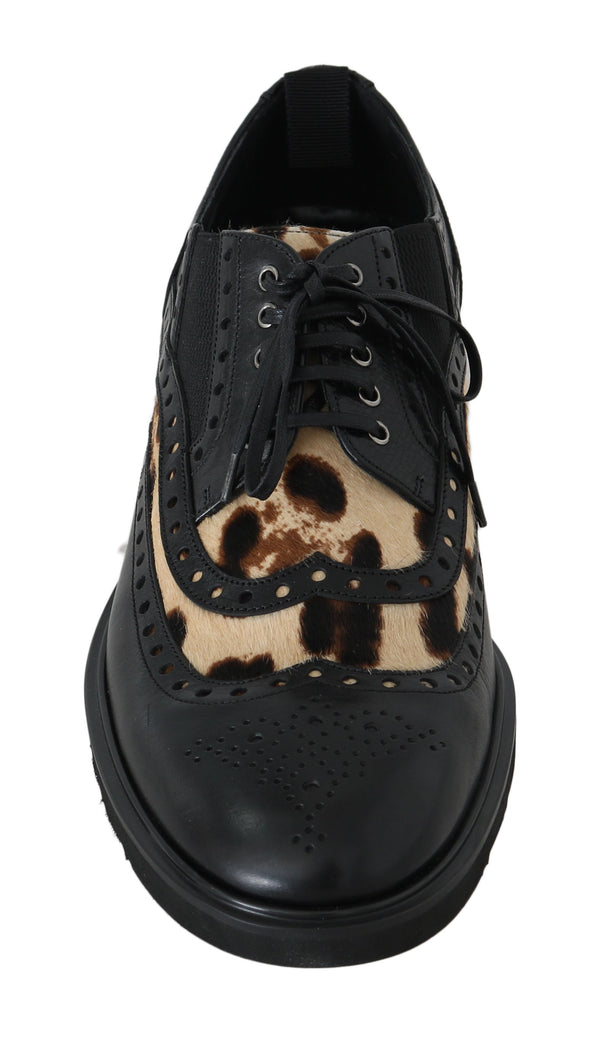 Black Leather Derby Wingtip Leopard Shoes