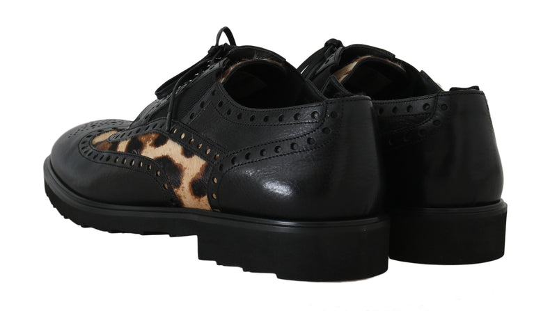 Black Leather Derby Wingtip Leopard Shoes