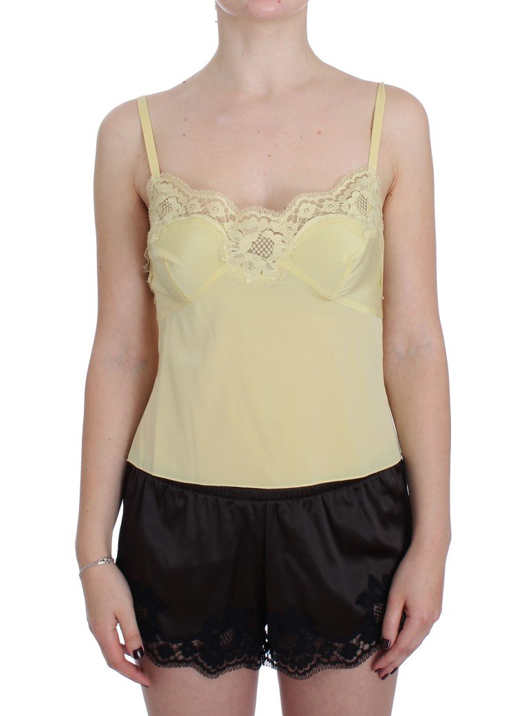 Yellow Silk Stretch Floral Lace Tank Top