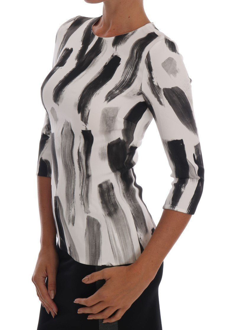 White Black Striped Printed Blouse Top