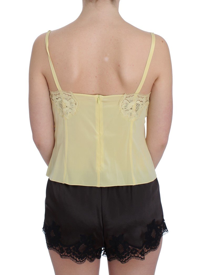 Yellow Silk Stretch Floral Lace Tank Top