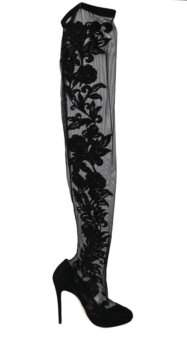 Black Floral Lace Booties Heels