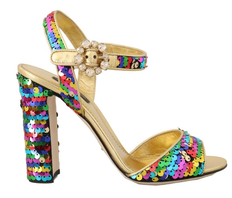Multicolor Gold Leather Sequined Crystal Sandals