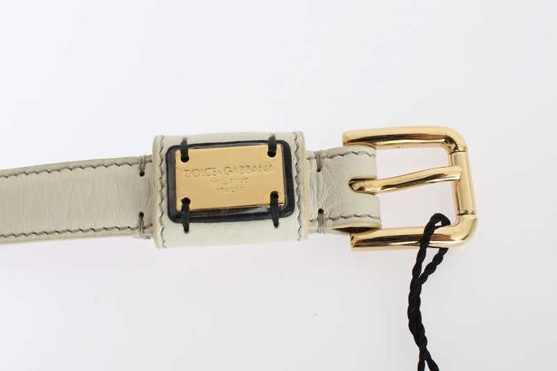 White Leather Gold Buckle Logo Waist Belt