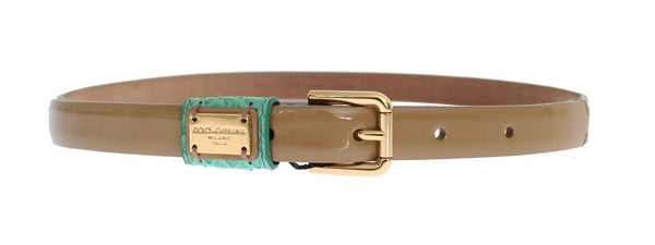 Brown Leather Gold Buckle Logo Waist Belt