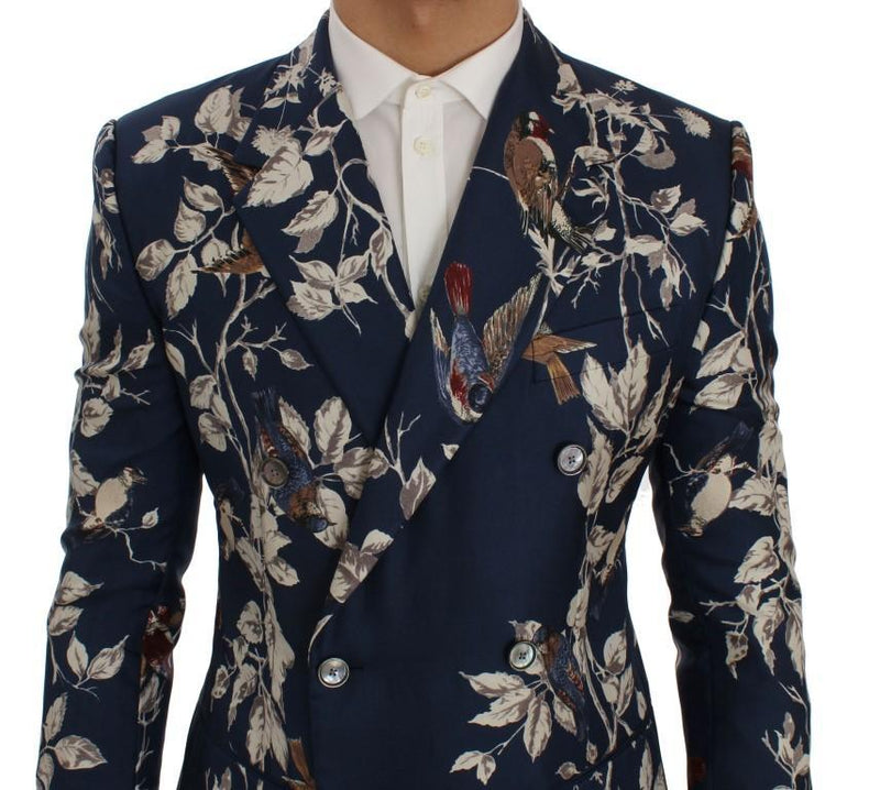 Blue Bird Print Silk Slim Fit Blazer Jacket