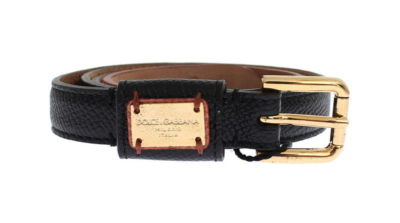 Black Leather Gold Buckle Logo Waist Belt