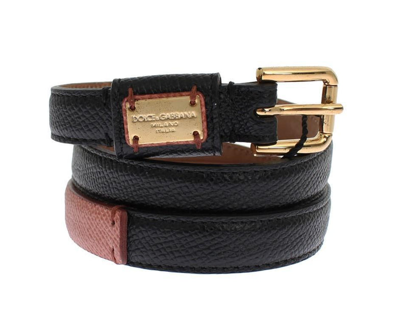 Black Leather Gold Buckle Logo Waist Belt