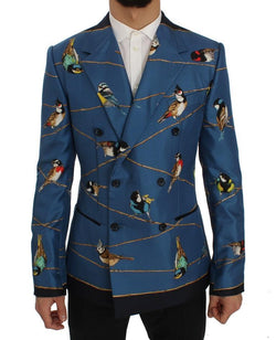 Blue Bird Print Silk Slim Fit Blazer Jacket