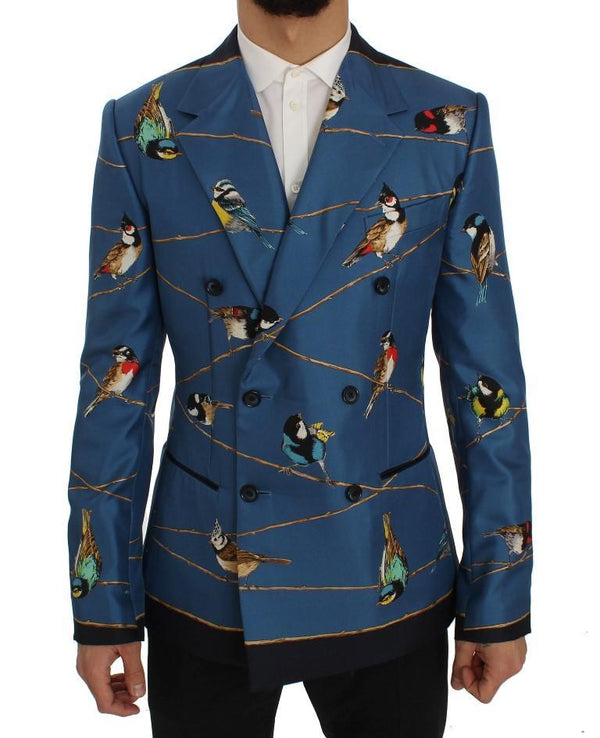 Blue Bird Print Silk Slim Fit Blazer Jacket