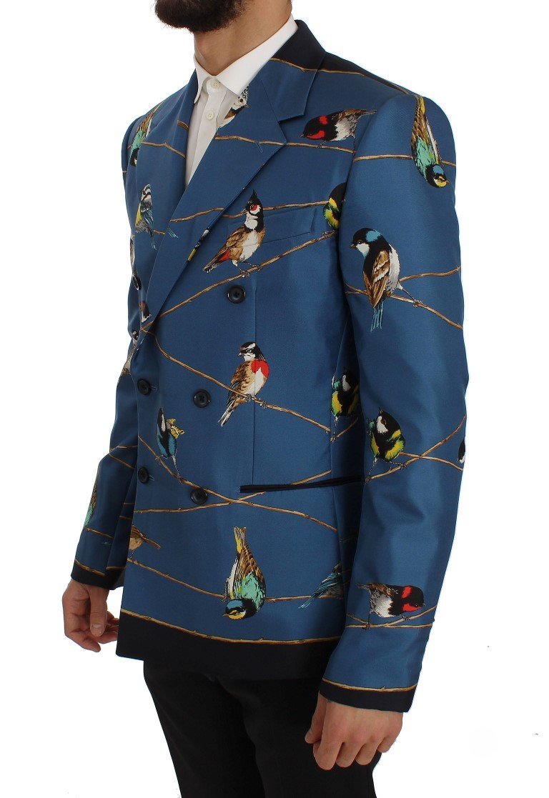 Blue Bird Print Silk Slim Fit Blazer Jacket
