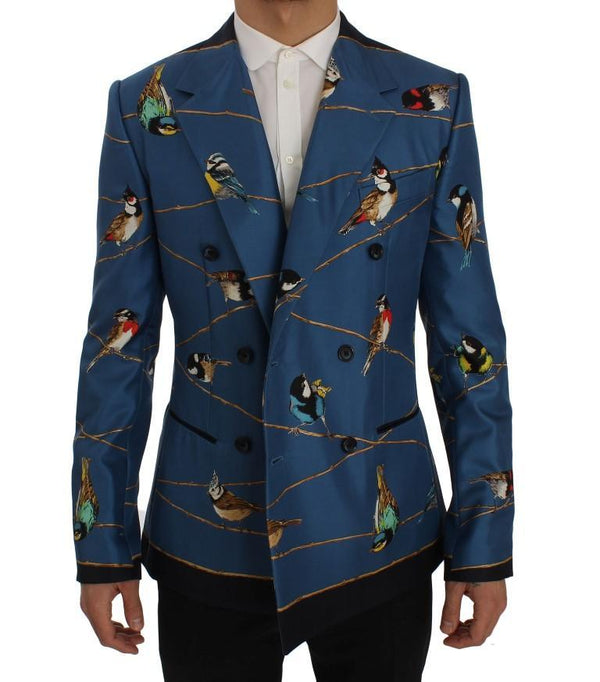 Blue Bird Print Silk Slim Fit Blazer Jacket