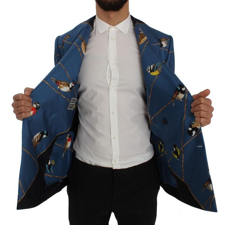 Blue Bird Print Silk Slim Fit Blazer Jacket