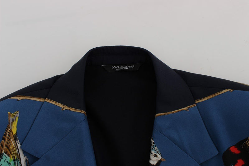 Blue Bird Print Silk Slim Fit Blazer Jacket