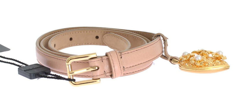 Pink Leather Gold Crystal Heart Pendant Belt