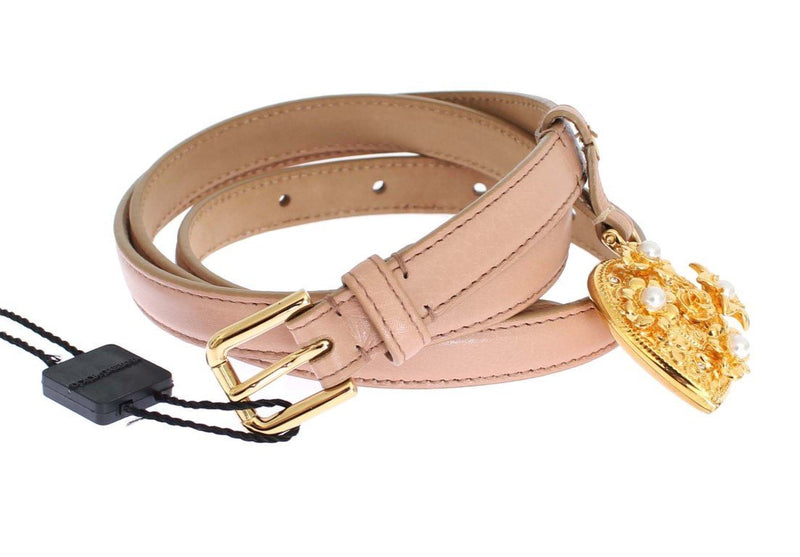 Pink Leather Gold Crystal Heart Pendant Belt