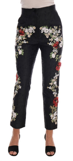 Black Floral Brocade Sequin Beaded Pants