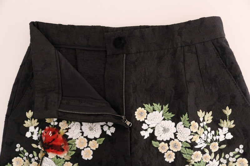 Black Floral Brocade Sequin Beaded Pants