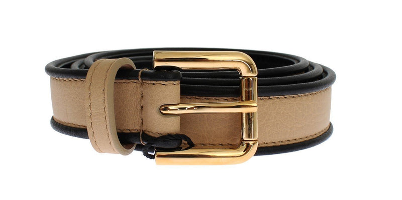 Beige Leather Gold Buckle Logo Waist Belt