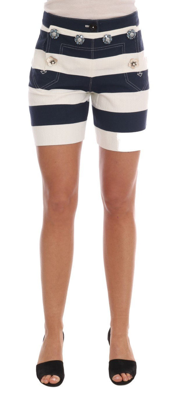 White Blue Striped Crystal Shorts