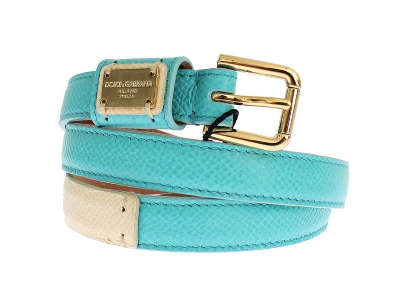 Light Blue Leather Gold Buckle Logo Belt