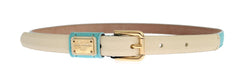Light Blue Leather Gold Buckle Logo Belt