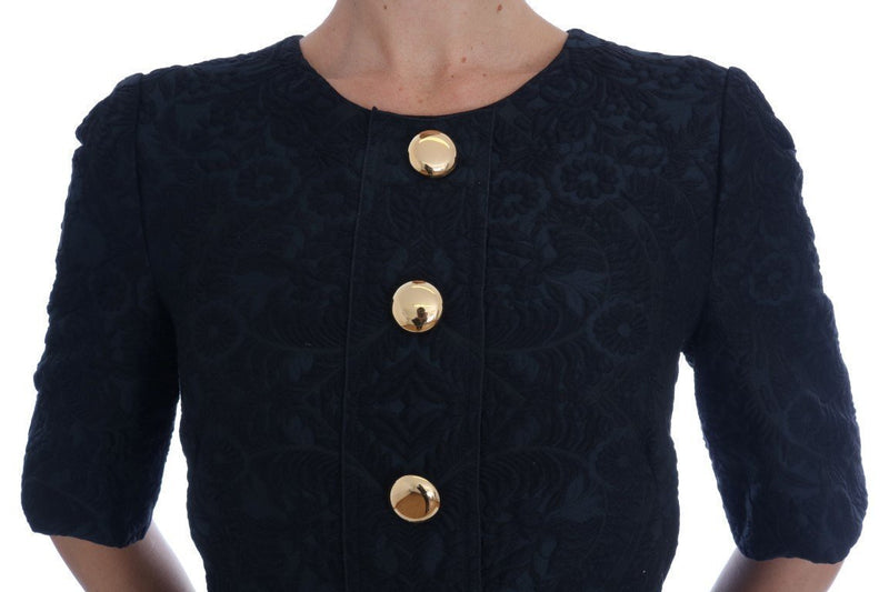 Black Floral Brocade Gold Buttons Dress