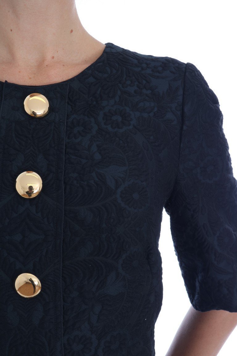 Black Floral Brocade Gold Buttons Dress