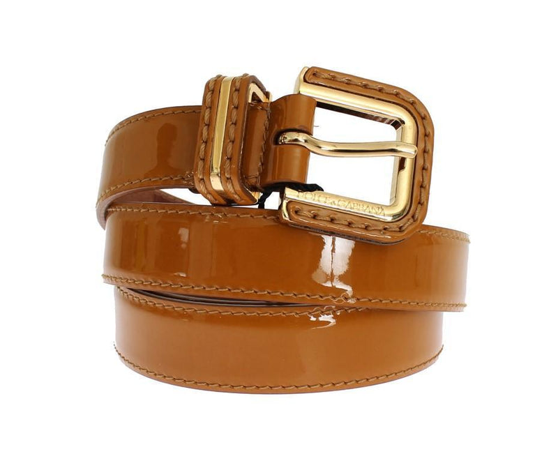 Brown Leather Gold Buckle Logo Waist Belt