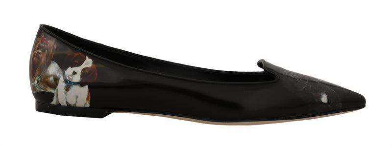 Black Leather Dog Print Ballet Flats