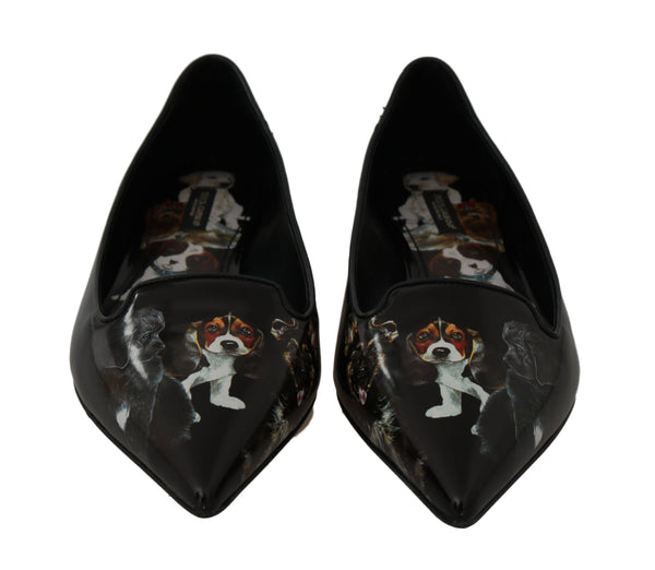 Black Leather Dog Print Ballet Flats