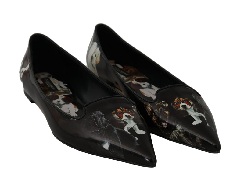 Black Leather Dog Print Ballet Flats