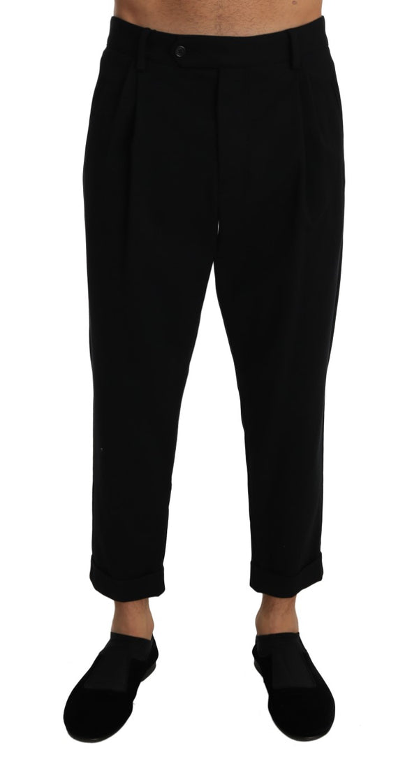 Black Cotton Cropped Stretch Trousers Pants