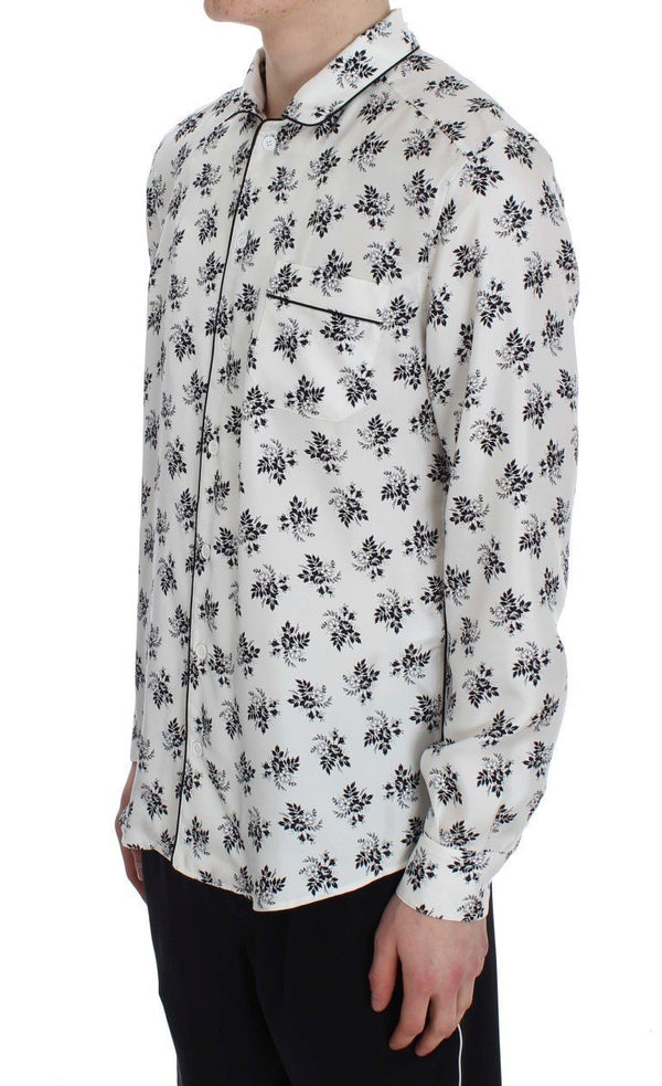 White Floral Print Silk Pajama Shirt