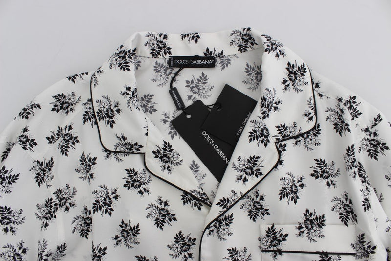 White Floral Print Silk Pajama Shirt
