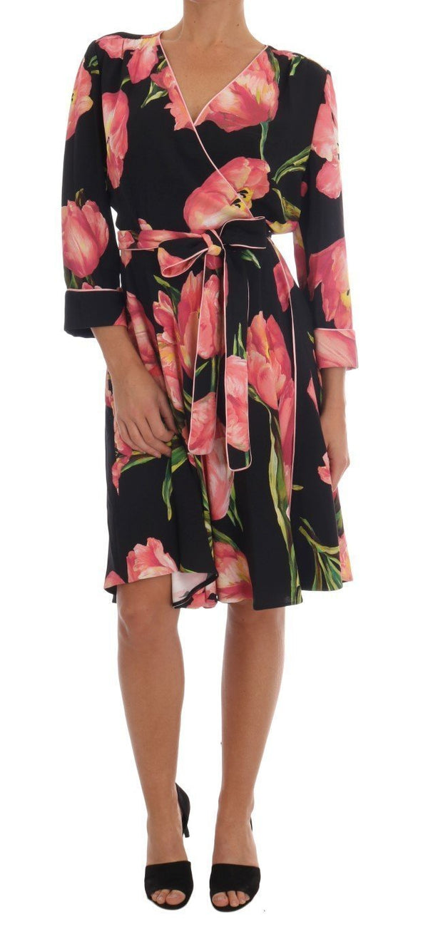 Black Pink Tulip Print Dress