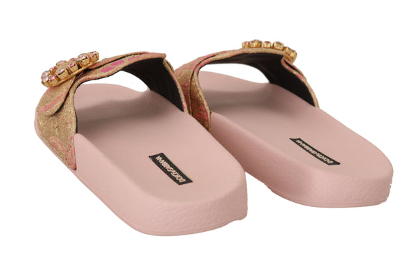 Pink Gold Brocade Beachwear Slides