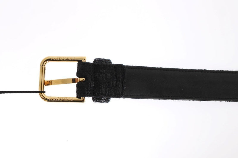 Black Raffia Brocade Gold Buckle Logo Belt