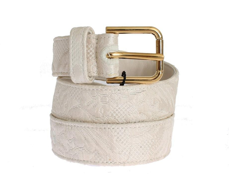 White Cotton Brocade Gold Buckle Logo Belt