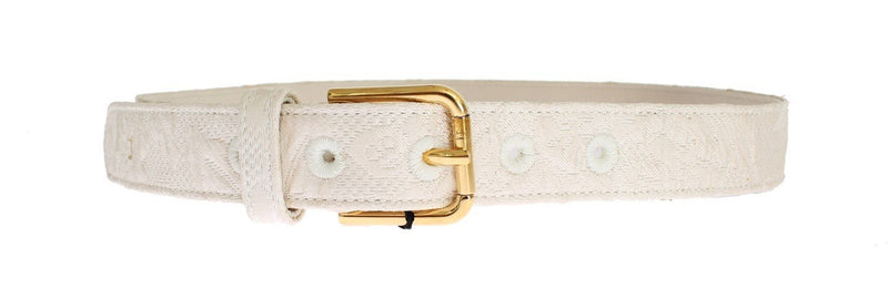 White Cotton Brocade Gold Buckle Logo Belt