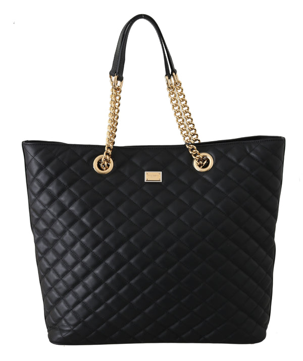 Black Quilted Leather Hand Shopping Tote Purse