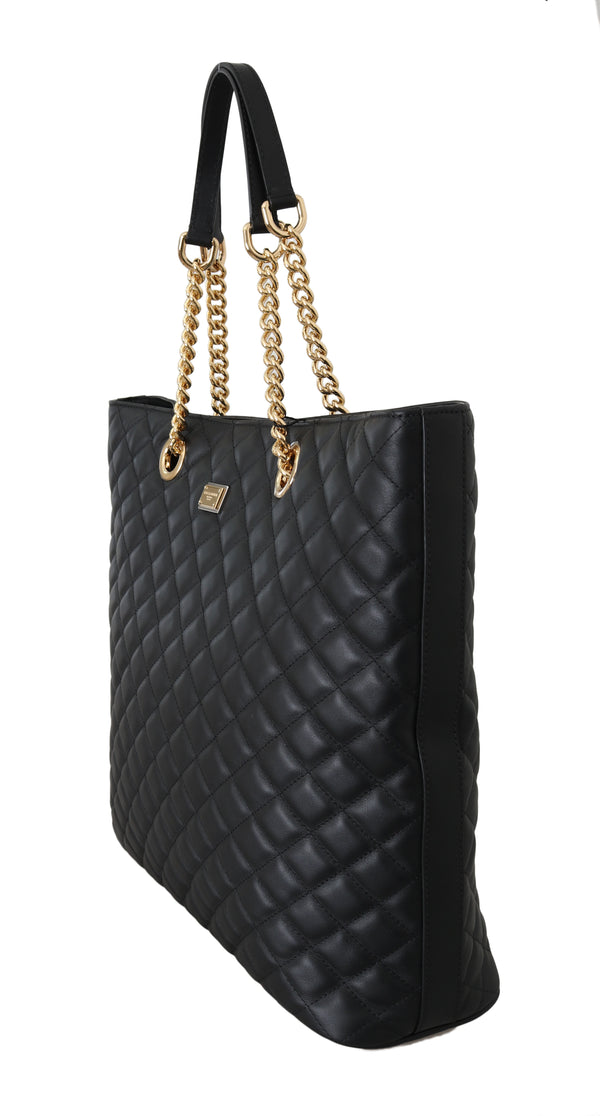 Black Quilted Leather Hand Shopping Tote Purse