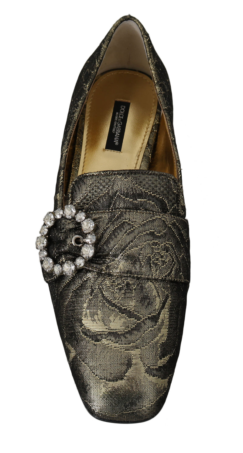 Gold Black Jacquard Crystal Loafers