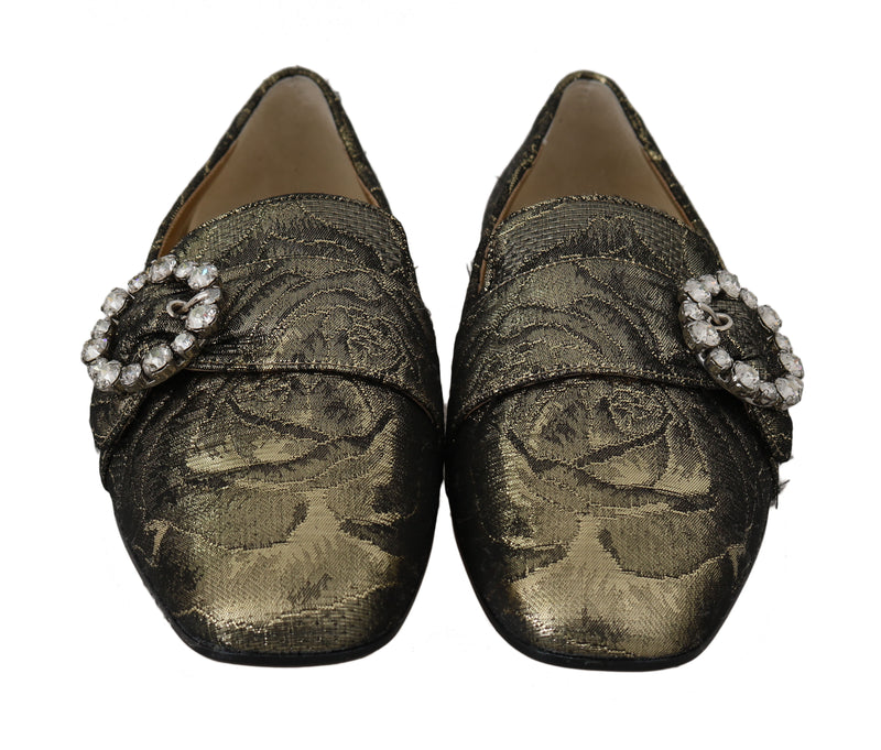 Gold Black Jacquard Crystal Loafers