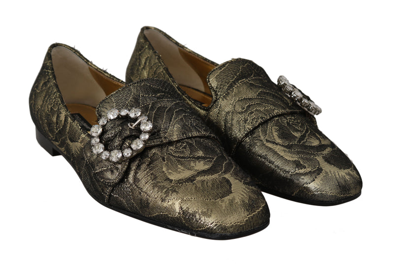 Gold Black Jacquard Crystal Loafers